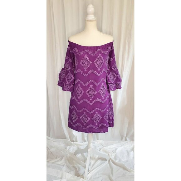 Boston Proper Womens Off Shoulder Dress Size Sm Purple Metallic Lace Bell Sleeve - Picture 2 of 16
